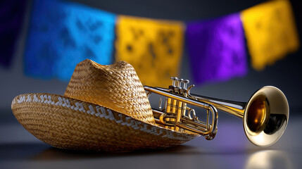 Trumpet and straw hat with colorful papel picado background