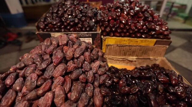 Dates selling in market. Arabic dessert cuisine.