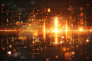 Obraz premium A vibrant digital landscape featuring glowing circuits and a world map, illustrating a fusion of technology and global connectivity.