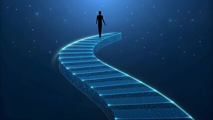 Silhouette of a person standing at the start of a glowing digital staircase leading into a starry night sky - Powered by Adobe