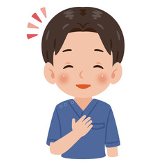 青色のスクラブを着た笑顔の男性　上半身イラスト／Smiling man wearing blue scrubs　upper body illustration