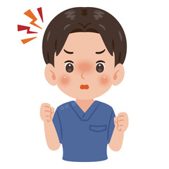 青色のスクラブを着た怒る男性　上半身イラスト／Angry man wearing blue scrubs　upper body illustration