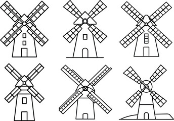 Collection of windmill outline vector for energy and rural design