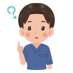 青色のスクラブを着た疑問を持つ男性　上半身イラスト／Confused man wearing blue scrubs　upper body illustration