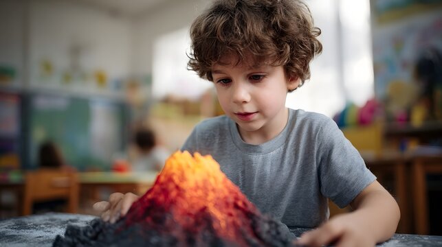 A young boy intently examines a volcanic model in a bright colorful classroom engaged in a science project