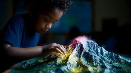 A young child intently examines a colorful erupting volcano model in a dimly lit educational setting