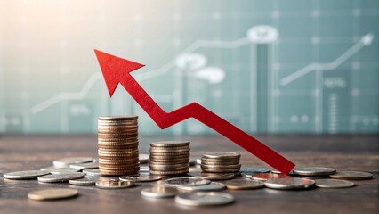 Stacks of coins and a red upward trending arrow on a wooden surface with a blurred financial graph background