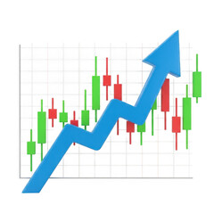 Rising stock market candlestick chart with upward arrow showing growth transparent background
