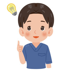 青色のスクラブを着た閃く男性　上半身イラスト／Man wearing blue scrubs having an idea　upper body illustration