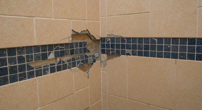 Broken and cracked tiles in a bathroom corner. Close-up of wall damage needing repair. Home renovation and water damage concept