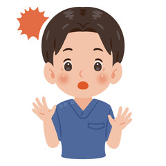 青色のスクラブを着た驚く男性　上半身イラスト／Surprised man wearing blue scrubs　upper body illustration