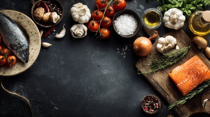 Flat lay gourmet food composition with central blank space for text