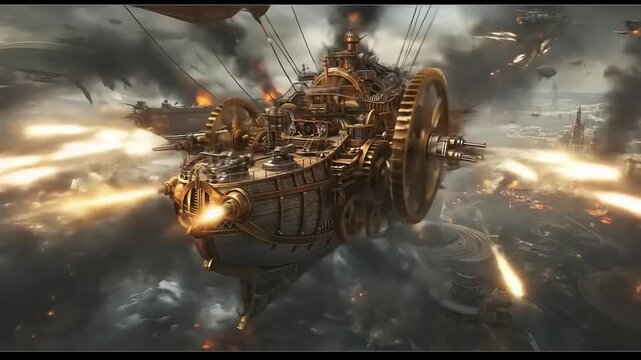 Steampunk Airship Engaged in Battle Over War-Torn City