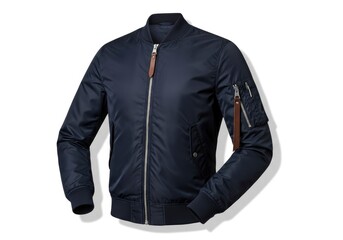 A dark blue bomber jacket is displayed against a white background featuring a front zipper with a brown leather pull tab and a utility pocket on the left arm