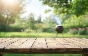 Rustic wooden table in a sunny garden setting with BBQ grill background