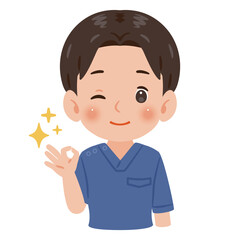青色のスクラブを着たOKサインを出す男性　上半身イラスト／Man wearing blue scrubs making an OK sign　upper body illustration