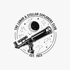 Vintage Telescope Logo for Lunar and Stellar Explorers Club.