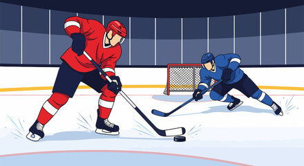 Obraz premium Intense Hockey FaceOff Red Versus Blue Players in Dynamic Action.