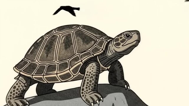 Turtle on a Rock Observing Birds in the Sky Nature Scene.
