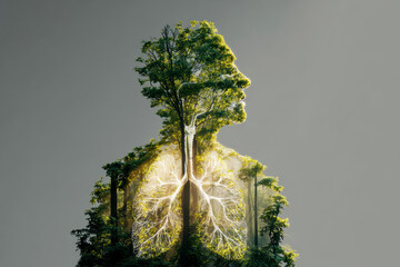 Double exposure of man's silhouette with a forest and tree-like lungs inside, symbolizing harmony with nature.
