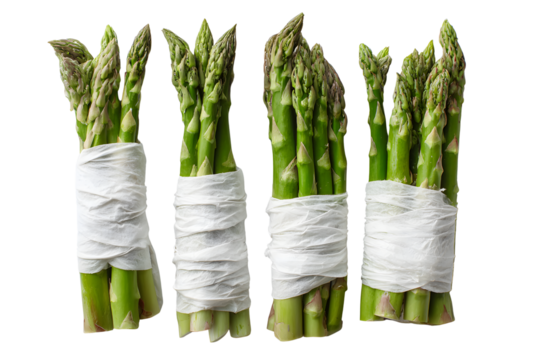 A bunch of fresh green asparagus wrapped in white tape against a transparent background