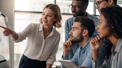 Diverse business team analyze data presentation on screen in modern office - Powered by Adobe