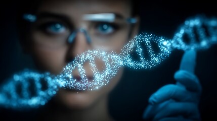 Futuristic scientist analyzing a digital dna strand for medical innovation research