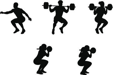 Fitness squat exercise silhouette, weightlifting training pose, gym workout illustration, strength training athlete, bodybuilding movement, active lifestyle concept, silhouette flat vector