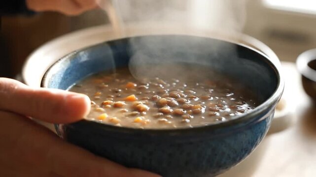 Serving a steaming portion of delicious homemade lentil soup in a ceramic bowl, a comforting vegetarian meal promoting a lifestyle of healthy eating