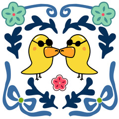 Illustration of Two Ducks with Floral Elements