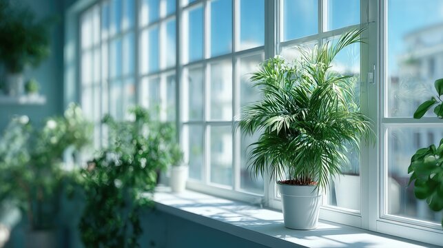 Green Plants by Window with Natural Sunlight and Blurred Cityscape Background