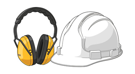 Essential personal protective equipment featuring a white hard hat and yellow ear defenders, vital for ensuring safety in construction and industrial work environments, promoting a secure workspace
