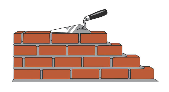 Brick wall under construction with a bricklayer's trowel tool resting on top, a concept for building, development, and masonry projects