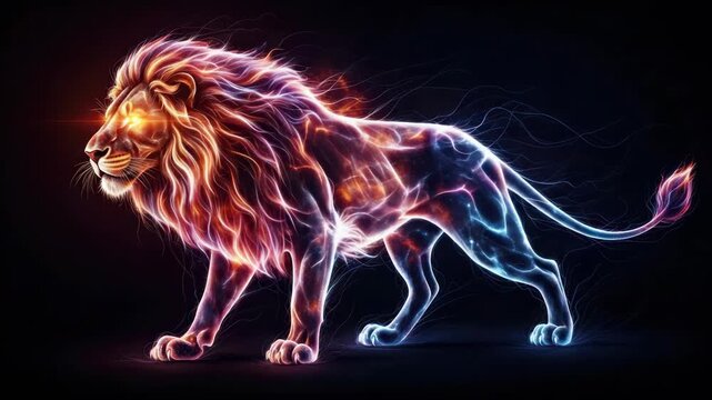 Neon energy flowing over the lion creates a majestic and futuristic wildlife scene