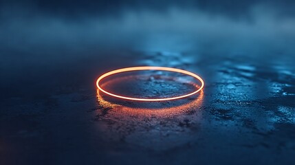 Illuminated portal concept with abstract neon circle on blue and dark reflective surface