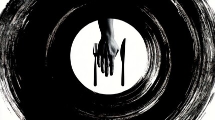 Abstract black and white composition with utensils and hand imagery