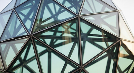 Closeup of a modern glass dome with geometric patterns, showcasing architectural design and structural integrity against a bright, natural light backdrop