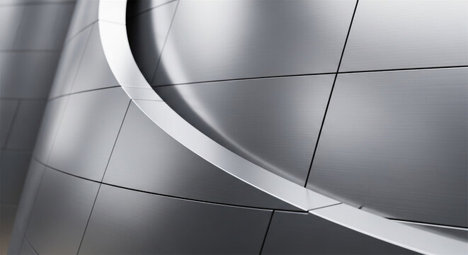 Abstract closeup of a curved metal facade with smooth lines and subtle reflections, highlighting the texture and form of modern architectural design