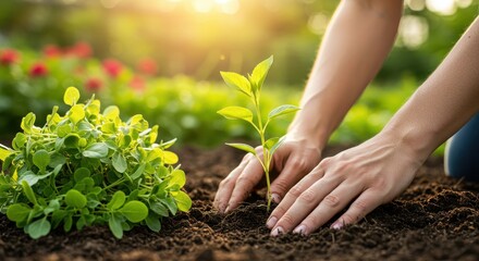 Person planting a young green seedling in the garden