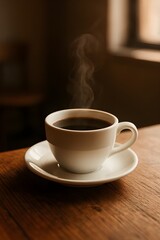 Brewed Coffee in a White Cup with Morning Sunlight in Cozy Café
