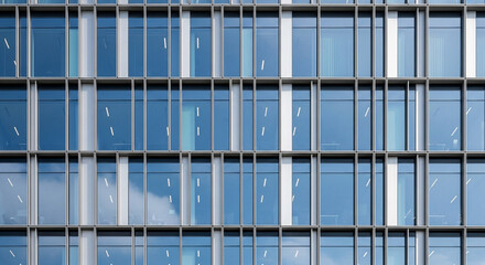A modern building facade with a grid of windows reflecting the sky, showcasing contemporary architectural design and urban landscape