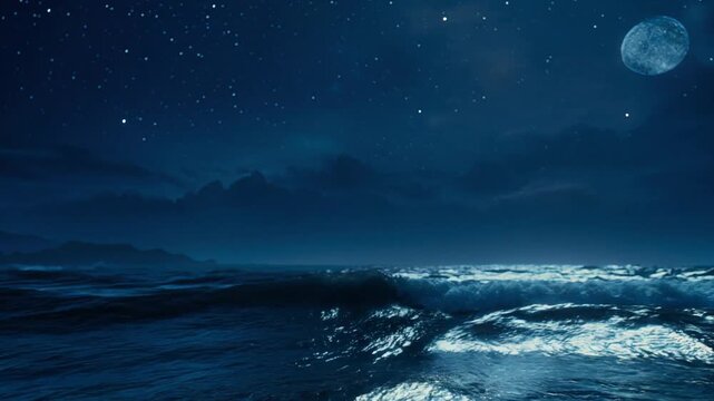 Ocean Waves Under a Starry Night Sky with a Full Moon image photo