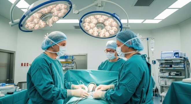 Three surgeons in a hospital operating room, wearing blue scrubs and masks, with a patient on a operating table.