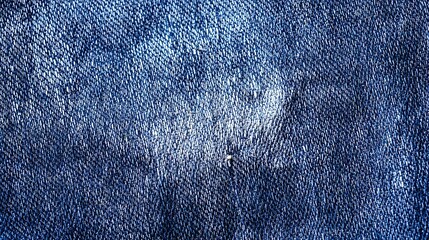 Naklejka premium Distressed blue denim with visible white weft and dark indigo warp threads, showing worn texture and fine detail, perfect for textile design, fashion backgrounds and fabric pattern mockups