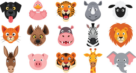 Cartoon animal face icon set with dog, cat, lion, pig, elephant, and more, vector illustration for children’s content, education, and playful design