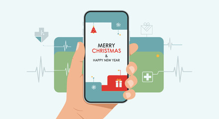 A modern flat design illustration showing a smartphone screen with a digital 'Merry Christmas & Happy New Year' greeting, blending healthcare themes with festive cheer. 