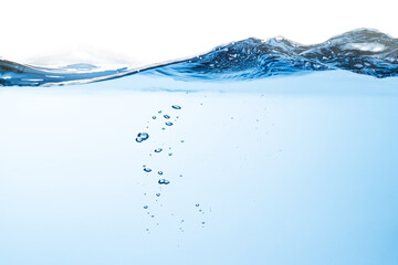 Air Bubbles Float Up Underwater. Water Splashing, Pure Drinking Water, Oxygen Relaxation. Blue Water Textured on White Background.	