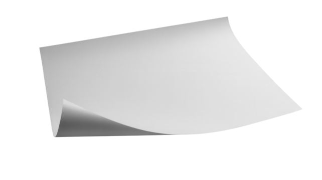 Blank white paper sheet with a curved corner and shadow against a stark black background