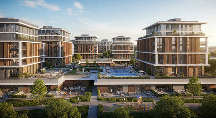 A residential complex with modern architecture, featuring multiple buildings, swimming pool, and lush landscaping, creating a luxurious and comfortable living environment