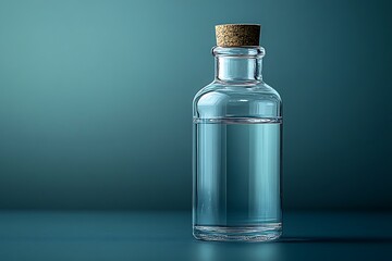 Clear glass bottle with cork stopper filled with clear liquid minimalist aesthetic high resolution photo